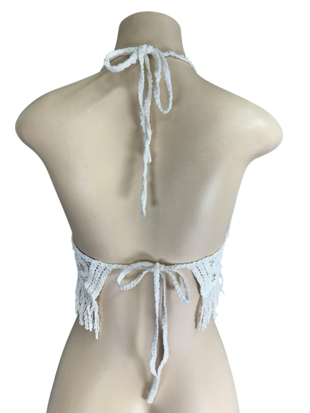 White Crochet Halter Fringe Crop Top - Boho Summer Knit - Picture 2 of 5